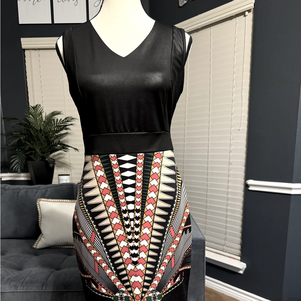 Venus Midi Sleeveless Bodycon dress.  Black w/Geometric - Aztec print